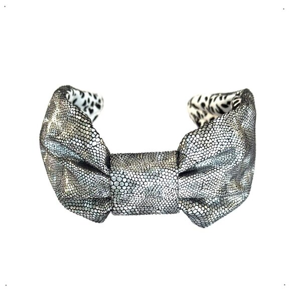 Leopard Print Headbands for Women Metallic Silver Animal Print Wide Top Knotted - Picture 3 of 6